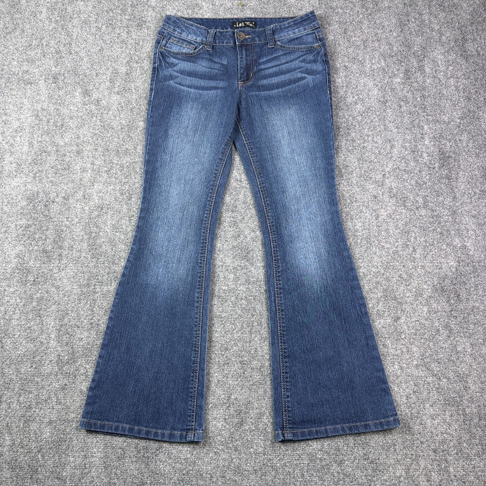 LEI Womens Sophia Hipster Flare Jeans 5 Junior Low Rise Stretch Whisker Sanded